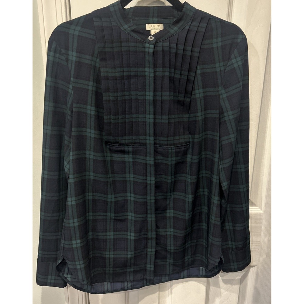 J.Crew Blackwatch Navy Green Plaid  Tuxedo Button Up Blouse Preppy Holiday Y2K M